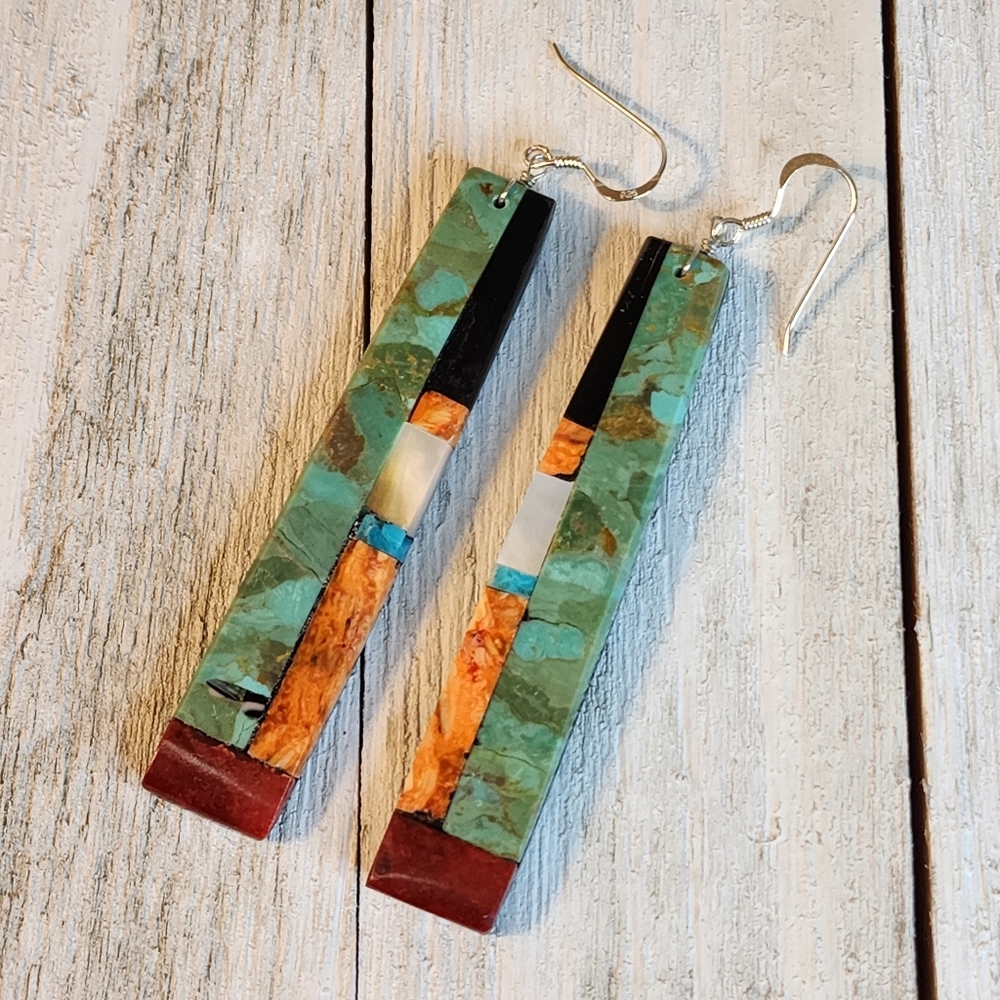 Native American Multi Stone Inlay Drop Earrings - Picture 1 of 15